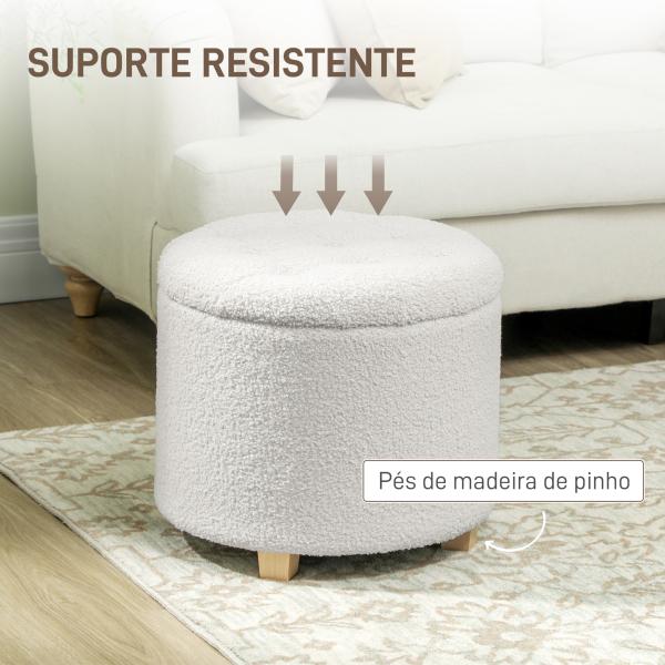 Puff de Armazenamento Banco de Armazenamento Redondo 40,5L 45x45x41 cm Estofado em Borreguito Banco Apoia - Pés Branco