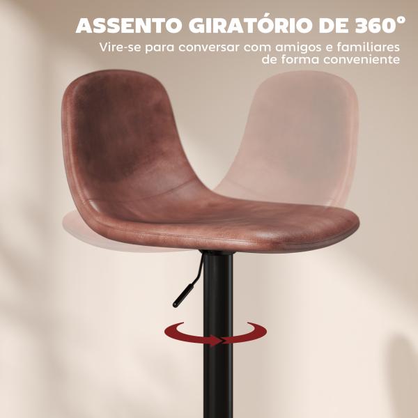 2 Bancos de Bar Reguláveis em Altura 84 - 104 cm com Encosto e Apoio para os Pés Estofadas em PU Giratórias em 360° Marrom