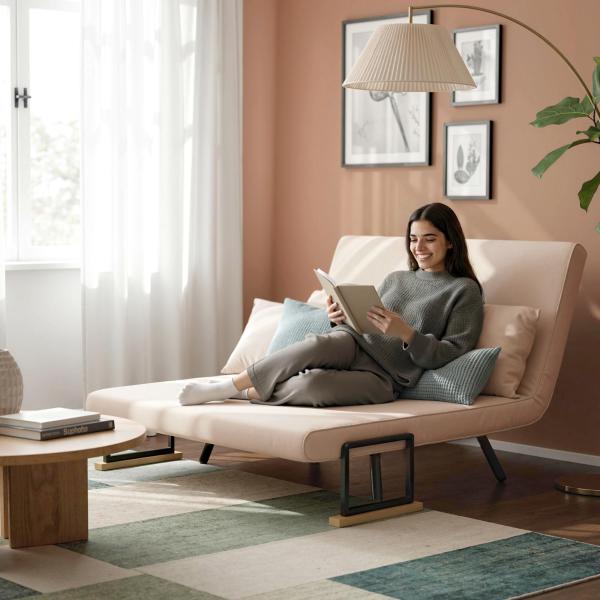 Sofá Cama Convertível 2 Lugares Dobrável com Encosto Ajustável em 5 Níveis e 2 Almofadas 102x73x81 cm Bege Claro