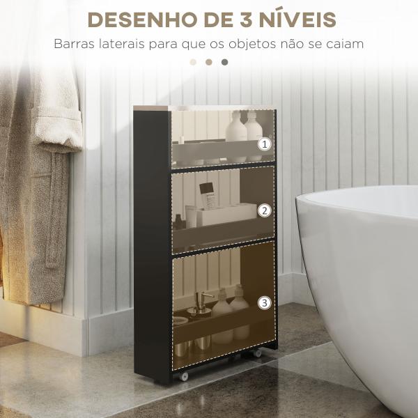 Estante de Armazenamento Casa de Banho de 3 Níveis Estante Estreita com Alça Lateral Estante com Rodas 48x15x80cm Preto