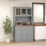 Armário de Cozinha com 3 Portas de Vidro Compartimento Aberto 2 Gavetas e Prateleiras Ajustáveis 100x40x180 cm Cinzento