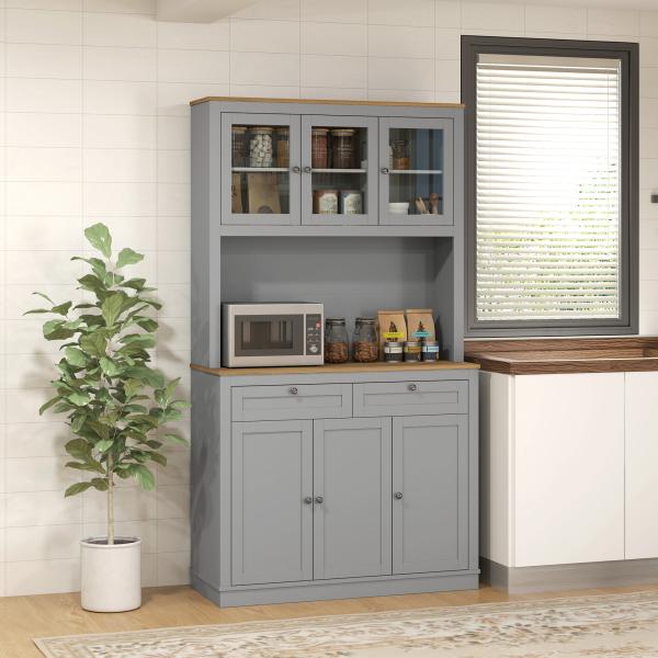 Armário de Cozinha com 3 Portas de Vidro Compartimento Aberto 2 Gavetas e Prateleiras Ajustáveis 100x40x180 cm Cinzento