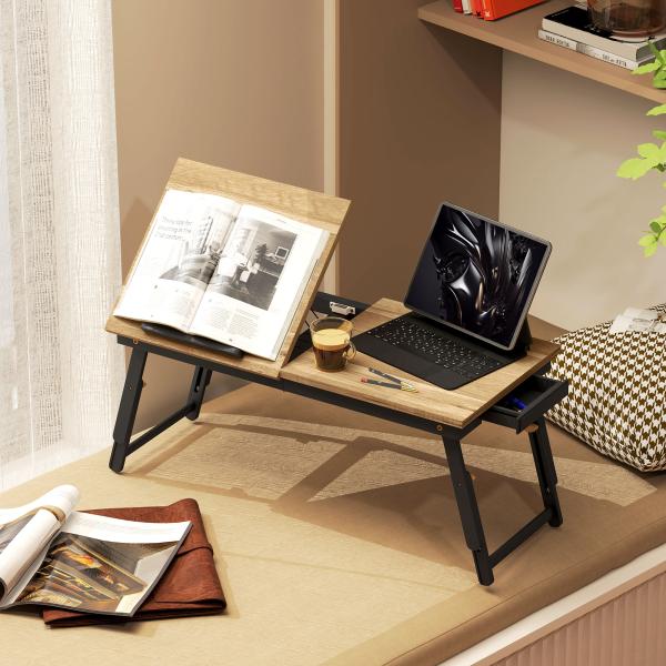 Mesa Reclinável para Cama e Sofá, Bandeja Dobrável com Gaveta Lateral para Portátil e Livros, 5 Alturas, Carvalho