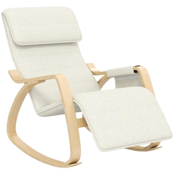 Cadeira de Baloiço com Apoio para os Pés Ajustável em 5 Posições, Bolso Lateral, Apoios de Braços em Madeira e Apoio de Cabeça, Creme