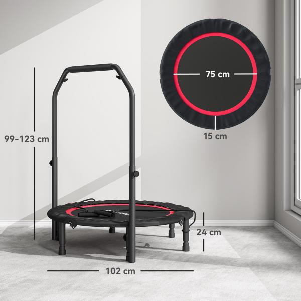 Trampolim de Fitness Ø102 cm Dobrável com Guiador Ajustável de 4 Níveis e Bandas para Treino de Pernas e Corpo Vermelho