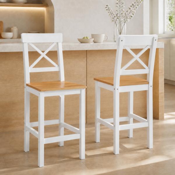Conjunto de 2 Bancos de Bar de Madeira com Encosto e Apoio para os Pés Estilo Rústico para Cozinha 41x46x97.5 cm Natural