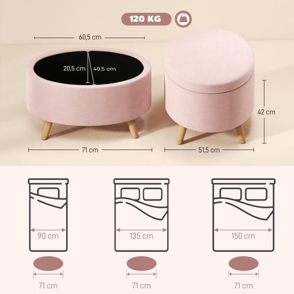 Puff Estofado em Veludo Acolchoado Banco de Armazenamento com Tampa Removível e Pés de Madeira 71x51,5x42 cm Rosa