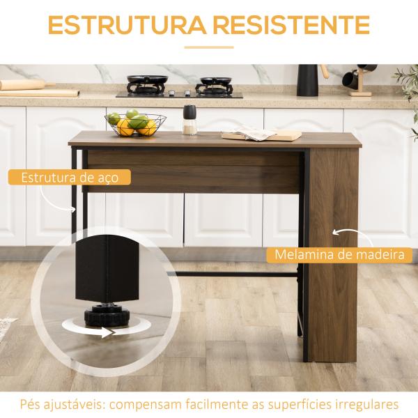 Mesa de Bar Extensível Mesa de Bistrô com 3 Prateleiras de Armazenamento e Estrutura de Metal 120x76x91,4cm Marrom