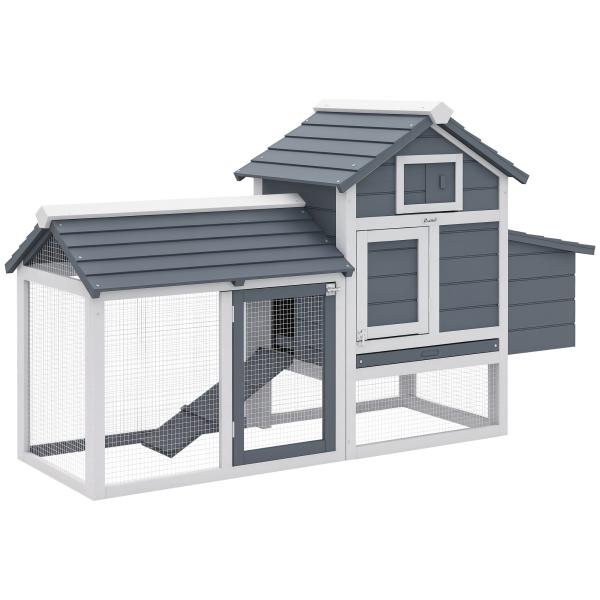 Galinheiro de Madeira para Exterior Gaiola para 2 - 3 Galinhas com Cercado de Arame Teto Abatível Caixa Ninho Bandeja Removível e Rampa 150,5x54x87cm Cinza e Branco