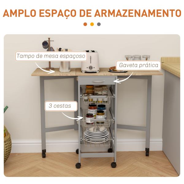 Carrinho Auxiliar Dobrável Carrinho de Cozinha com 6 Rodas 1 Gaveta e 3 Cestos de Metal 97,2x37x77,5 cm Cinza e Carvalho