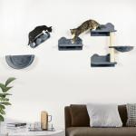 Prateleiras de Parede para Gatos 4 Peças com Rede Plataforma Semicircular Plataformas de Salto e Poste de Sisal Cinza