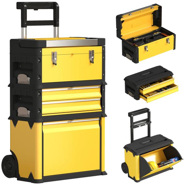 Caixa de Ferramentas Empilhável 3 em 1 Caixa de Ferramentas com Rodas Carro de Ferramentas de Aço 52x32x72 cm Amarelo e Preto