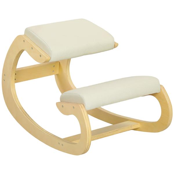 Cadeira Ergonómica de Joelhos com Almofadas Acolchoadas Estrutura de Madeira para Melhor Postura Escritório 55x85x55 cm Creme