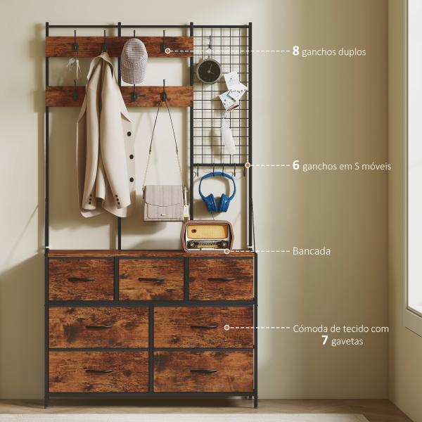 Suporte para Cabides Móvel de Arrumação com Sapateira 14 Ganchos 7 Gavetas de Tecido e Prateleira 100x30x183 cm Castanho Rústico