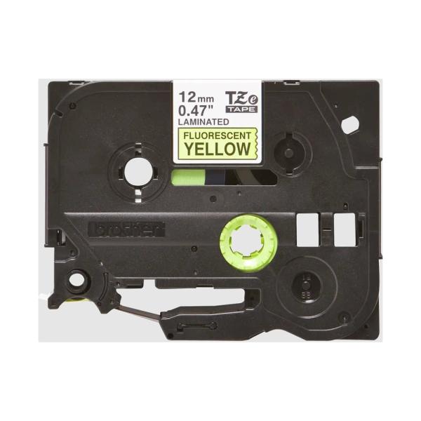 Fita BROTHER laminada com texto Preto e fundo Amarelo Fluorescente 12mm x 5m — Recondicionada