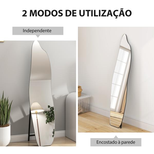 Espelho de Pé 160x40 cm sem Moldura Espelho de Corpo Inteiro Forma Irregular com Suporte Metálico Preto