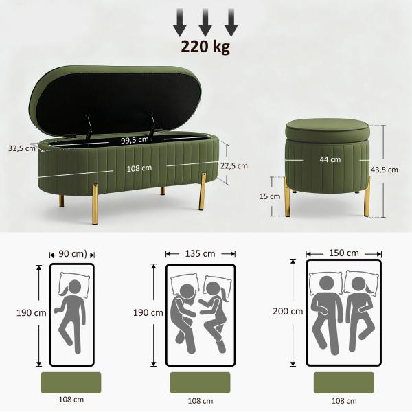 Banco de Cama com Arrumação em Veludo, Pés Dourados e Design Oval Elegante, 108x44x43,5 cm, Verde Escuro
