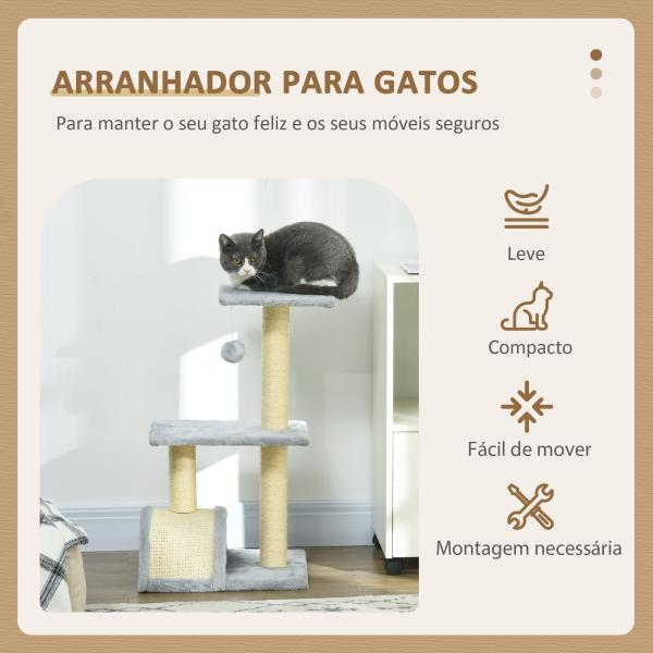 Arranhador para Gatos Médio de 3 Níveis com Postes de Sisal Placa para Arranhar e Bola Suspensa 40x35x72 cm Cinza