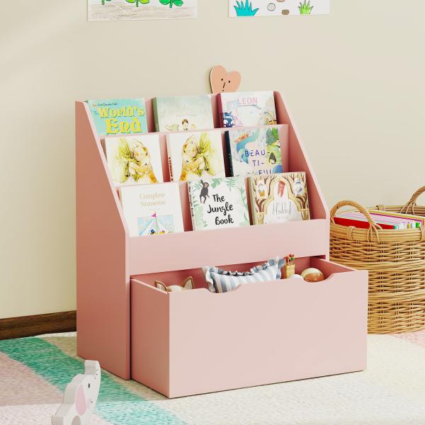 Estante para Livros Infantil de 4 Níveis com 3 Prateleiras e 1 Gaveta com Rodas 62,5x30x70 cm Rosa