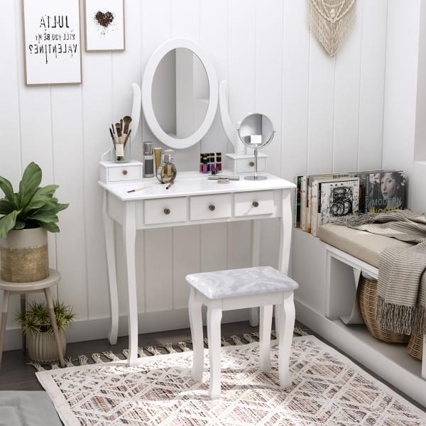 Toucador de Maquilhagem com Banco MDF e Madeira Maciça 80x40x140cm Branco