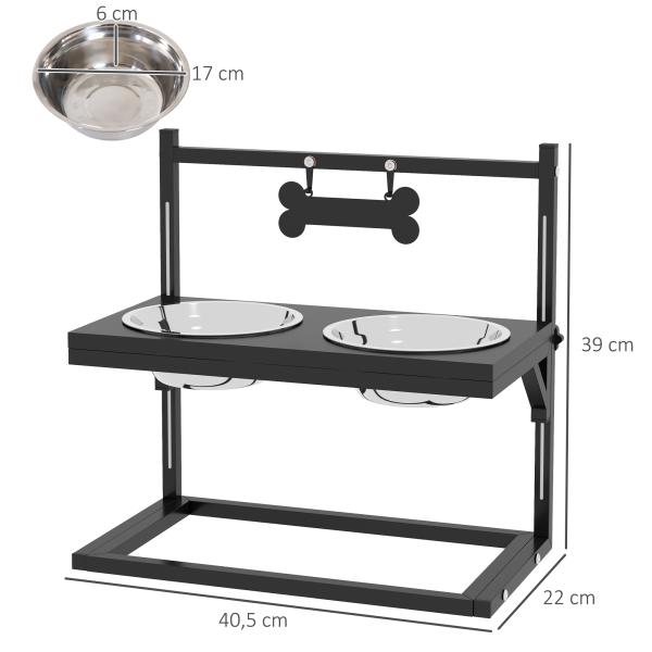 Comedouro Elevado para Cães com 2 Tigelas Altura Ajustável e 1 Peça de Metal com Formato de Osso 40,5x22x39 cm Preto