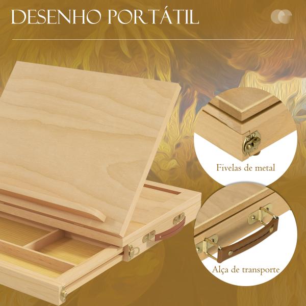 Cavalete de Mesa Ajustável Caixa Cavalete de Madeira de Faia com Gaveta de Armazenamento e Dobrável 33,5x26x26 cm Madeira