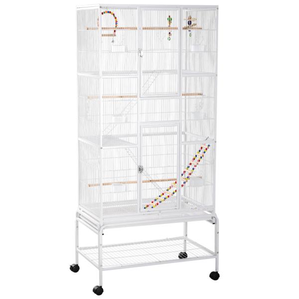 Gaiola para Pássaros com Rodas de 3 Níveis com 3 Poleiros Comedouros Brinquedos Rampas e Prateleira 83x53x180 cm Branco