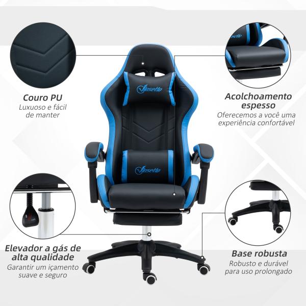 Cadeira Gaming Cadeira Gamer de Pele PU Reclinável 135° Apoio para a Cabeça e Apoio para os Pés 65x65x121 - 129 cm Preto e Azul