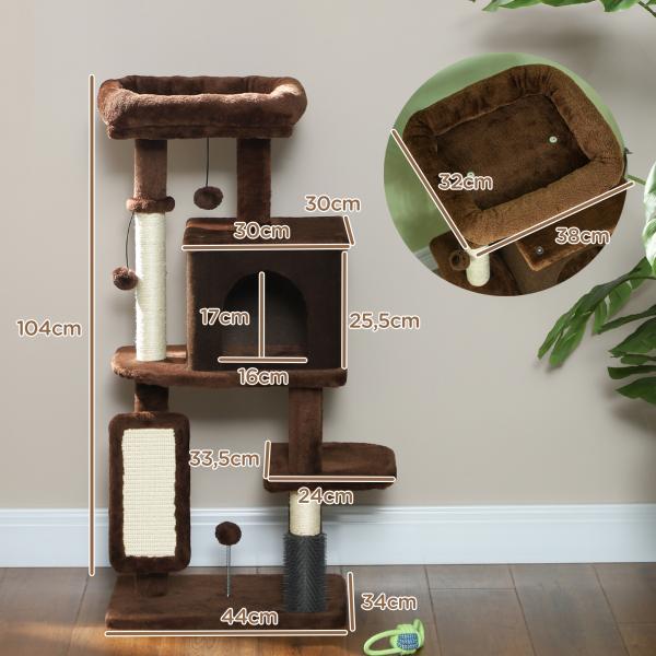 Arranhador para Gatos Grande Altura 104 cm com Plataformas Postes com Escova Bolas Suspensas e Almofadas para Arranhar Marrom