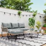 Conjunto de Jardim em Vime Sintético Conjunto de Móveis de Exterior com Sofá de 4 Módulos 1 Mesa de Centro e Almofadas Cinza