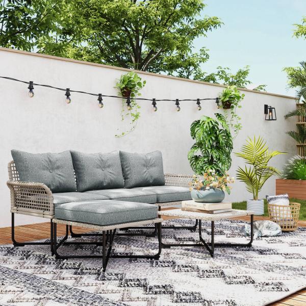 Conjunto de Jardim em Vime Sintético Conjunto de Móveis de Exterior com Sofá de 4 Módulos 1 Mesa de Centro e Almofadas Cinza