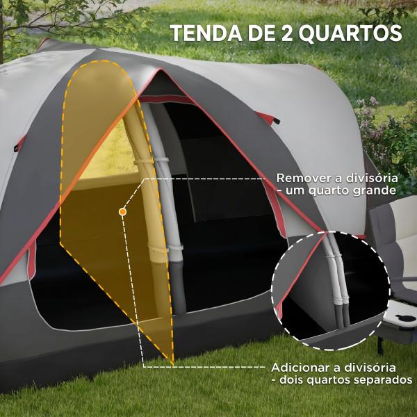 Tenda de Campismo Familiar para 5 - 6 Pessoas Dobrável com 2 Quartos e Bolsa de Transporte Impermeável 450x215x180 cm Cinza