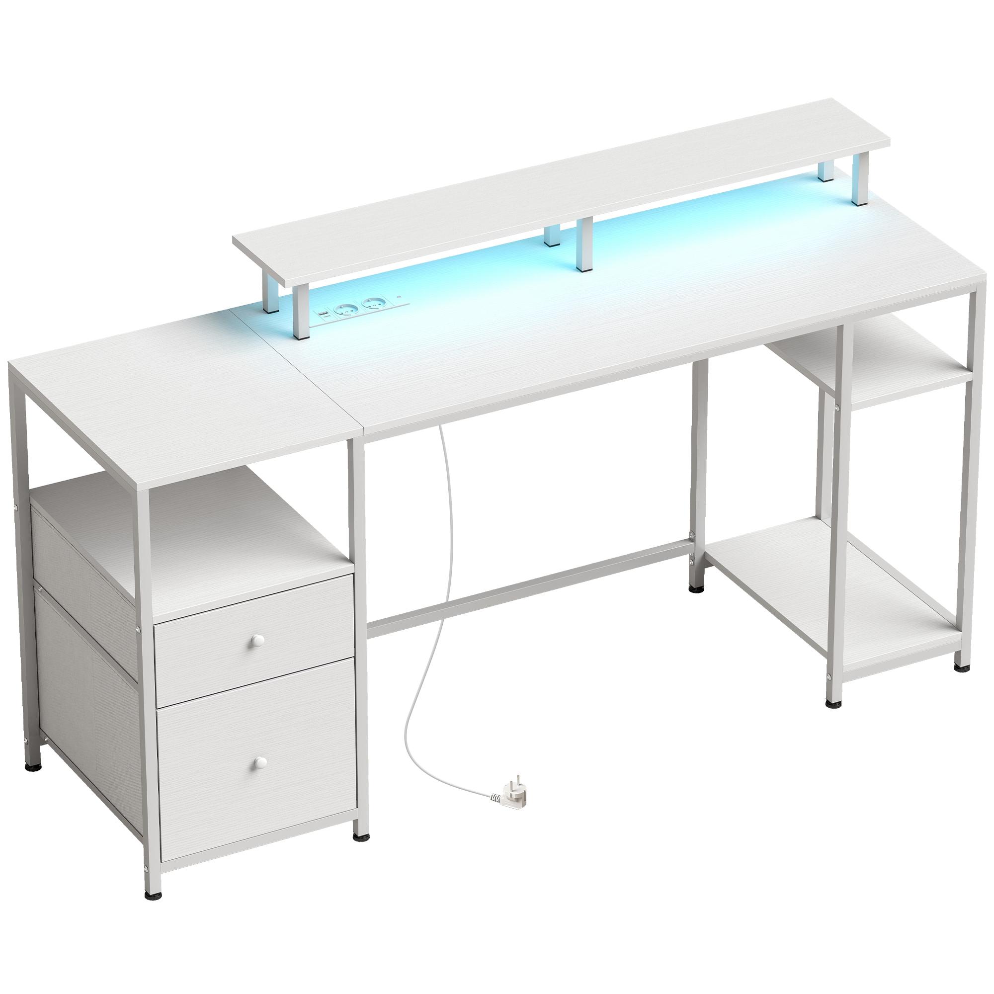 Secretária com Luzes LED, Gavetas, Tomadas, Portas USB e Suporte para Monitor, 155,5x48x88,5 cm, Branco