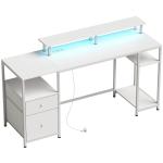 Secretária com Luzes LED, Gavetas, Tomadas, Portas USB e Suporte para Monitor, 155,5x48x88,5 cm, Branco