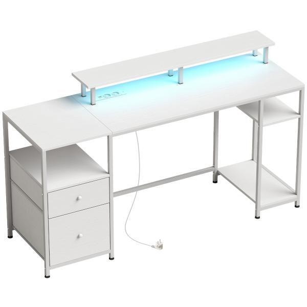 Secretária com Luzes LED, Gavetas, Tomadas, Portas USB e Suporte para Monitor, 155,5x48x88,5 cm, Branco