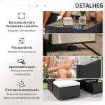 Conjunto de Móveis de Vime de Jardim 3 Peças Sofá de 3 Lugares com Almofadas e Mesa de Centro com Bancada de Vidro Preto e Bege