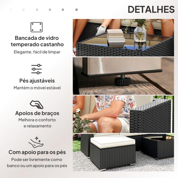 Conjunto de Móveis de Vime de Jardim 3 Peças Sofá de 3 Lugares com Almofadas e Mesa de Centro com Bancada de Vidro Preto e Bege
