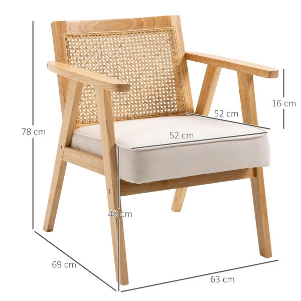 Cadeira de Sala de Estar com Encosto em Vime e Estrutura de Madeira de Borracha 63x69x78 cm Madeira e Bege