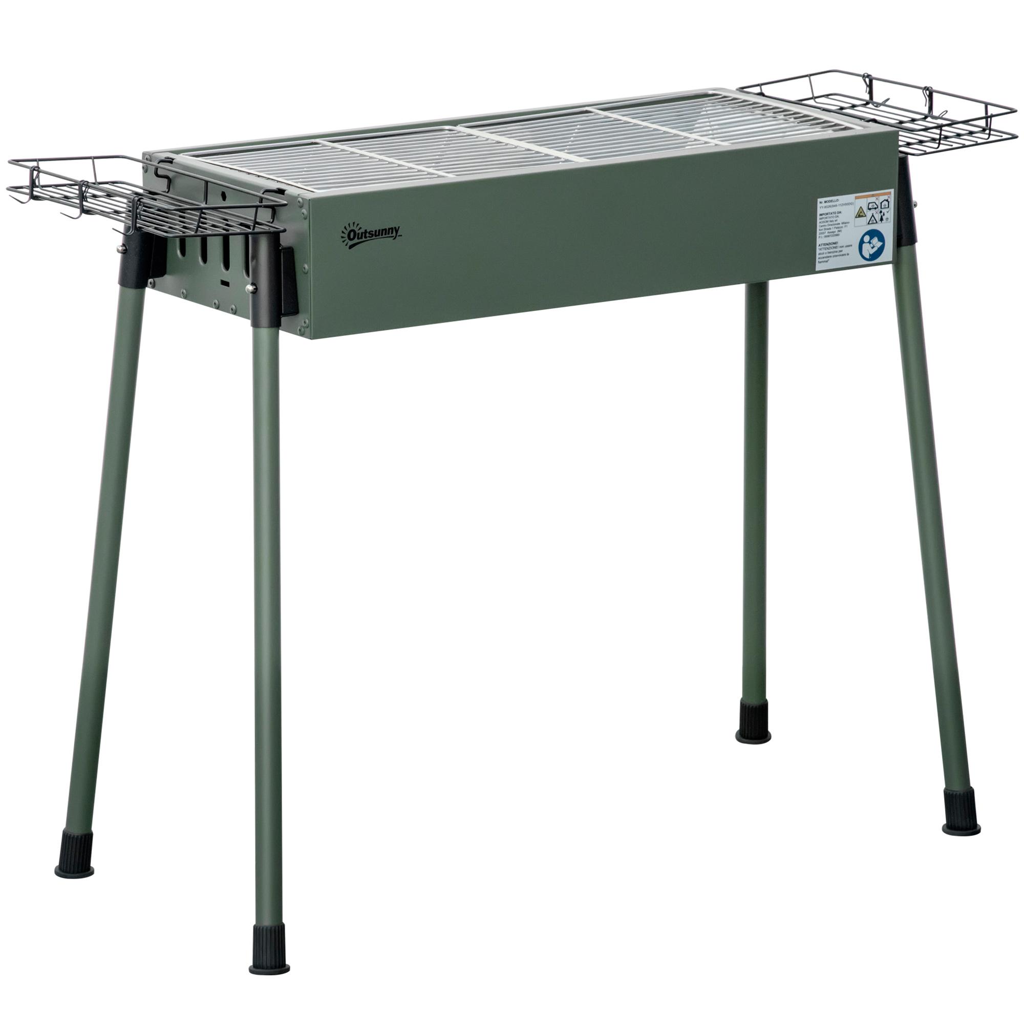 Barbecue a Carvão com 2 Grelhas de Aço Inoxidável Portátil com 2 Prateleiras para Temperos com Ganchos 77x30x70 cm Verde