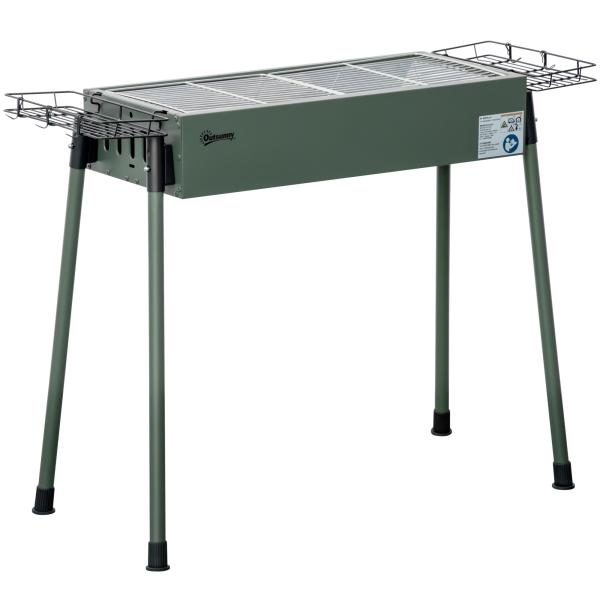 Barbecue a Carvão com 2 Grelhas de Aço Inoxidável Portátil com 2 Prateleiras para Temperos com Ganchos 77x30x70 cm Verde