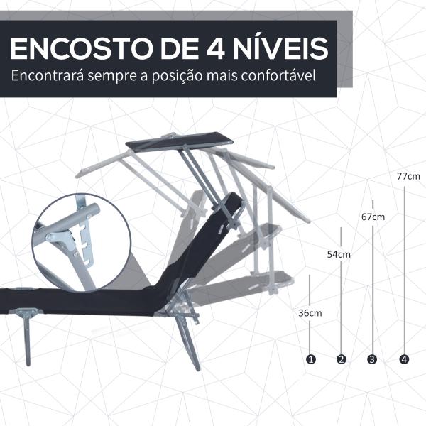 Espreguiçadeira de Jardim Dobrável com Toldo Removível e Ajustável em Ângulo e Encosto Ajustável em 4 Posições para Jardim Terraço Campismo Exterior 187x58x36cm Preto