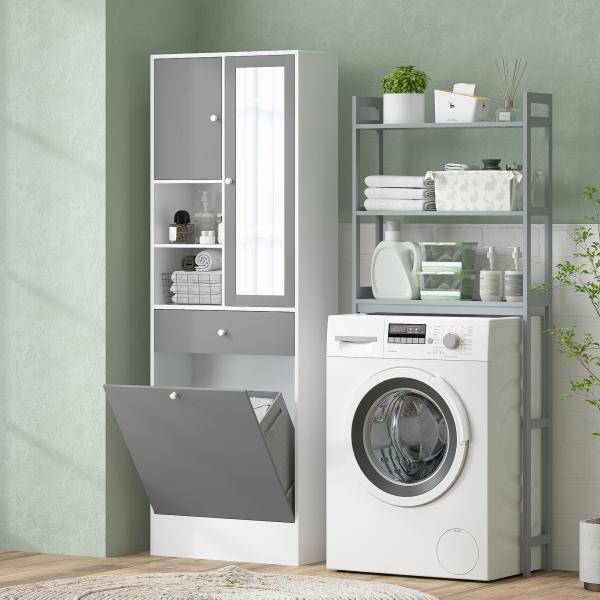 Armário de Casa de Banho com Cesto para Roupa Suja Espelho Gaveta e Prateleiras Ajustáveis 62x28,3x181 cm Branco e Cinza
