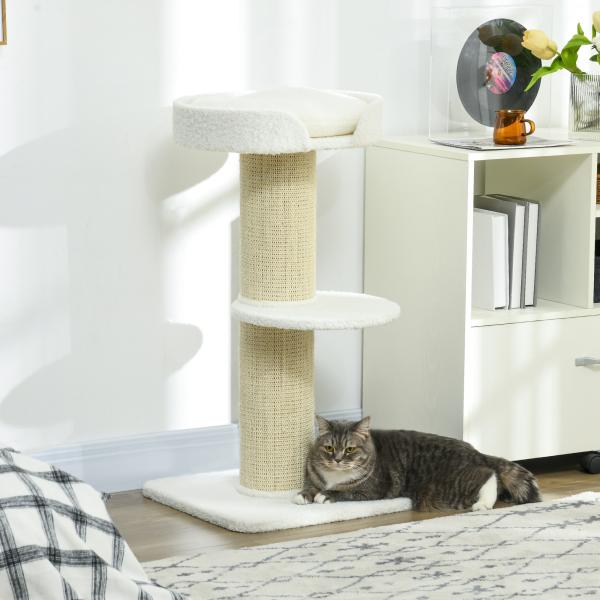 Arranhador para Gatos Altura 91 cm de 3 Níveis com Ninho Plataforma e Poste de Sisal 45x45x91 cm Creme