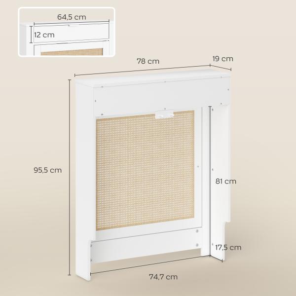 Cobertura para Radiador com Porta Rebatível e Vime Proteção Radiador de MDF 78x19x95,5 cm com Compartimento Desenho Boémio Branco