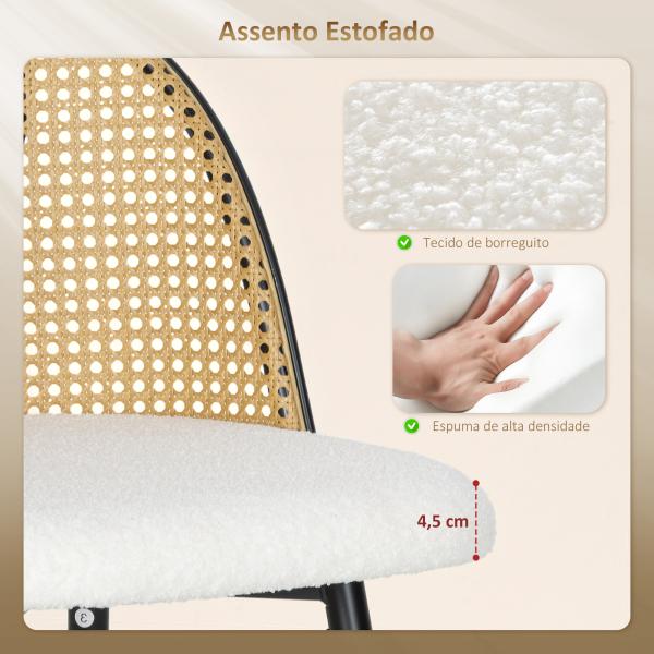 Conjunto de 2 Bancos de Bar Bancos Altos de Cozinha com Encosto de Vime Assento Estofado em Borrego 48x54x102 cm Creme