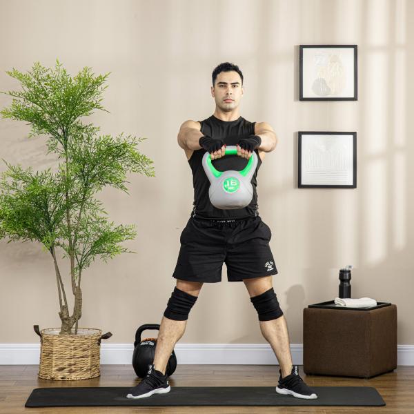 Kettlebell 16 kg Peso Russo com Revestimento de PU e Enchimento de Areia para Treinamento 26x18x32 cm Verde e Cinza