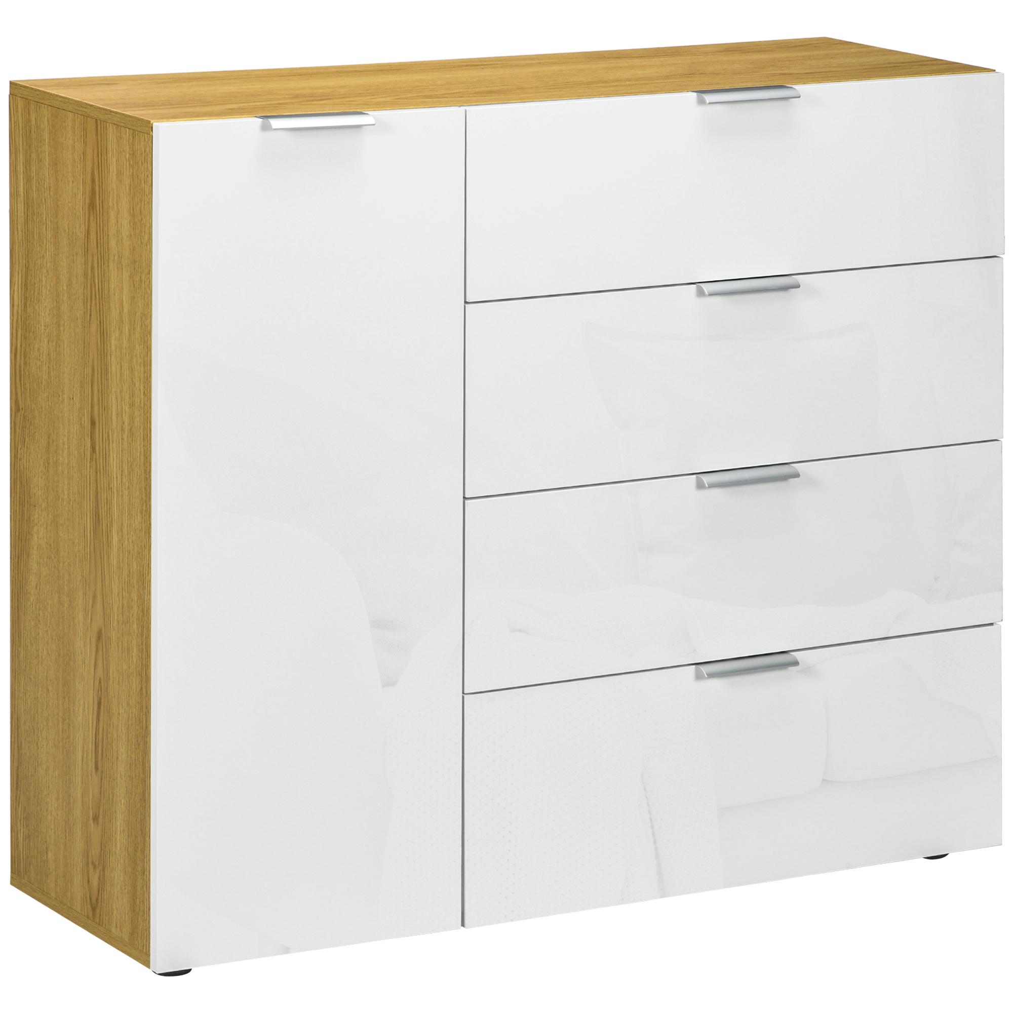 Aparador de Sala de Estar com 4 Gavetas de Alto Brilho Porta e Prateleiras Ajustáveis 105x35x92 cm Branco e Madeira