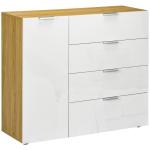 Aparador de Sala de Estar com 4 Gavetas de Alto Brilho Porta e Prateleiras Ajustáveis 105x35x92 cm Branco e Madeira
