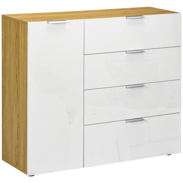 Aparador de Sala de Estar com 4 Gavetas de Alto Brilho Porta e Prateleiras Ajustáveis 105x35x92 cm Branco e Madeira