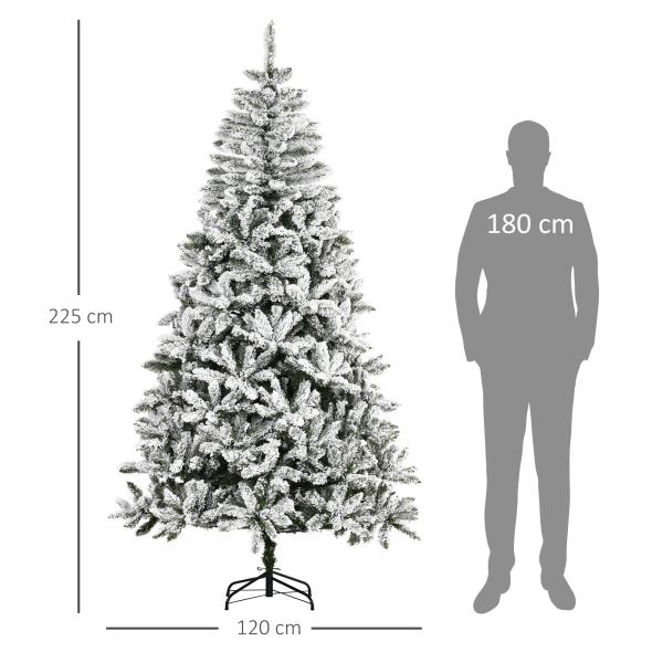 Árvore de Natal Artificial 225 cm com Neve Ignífugo com 1300 Ramos Folhas de PVC Base Dobrável Verde